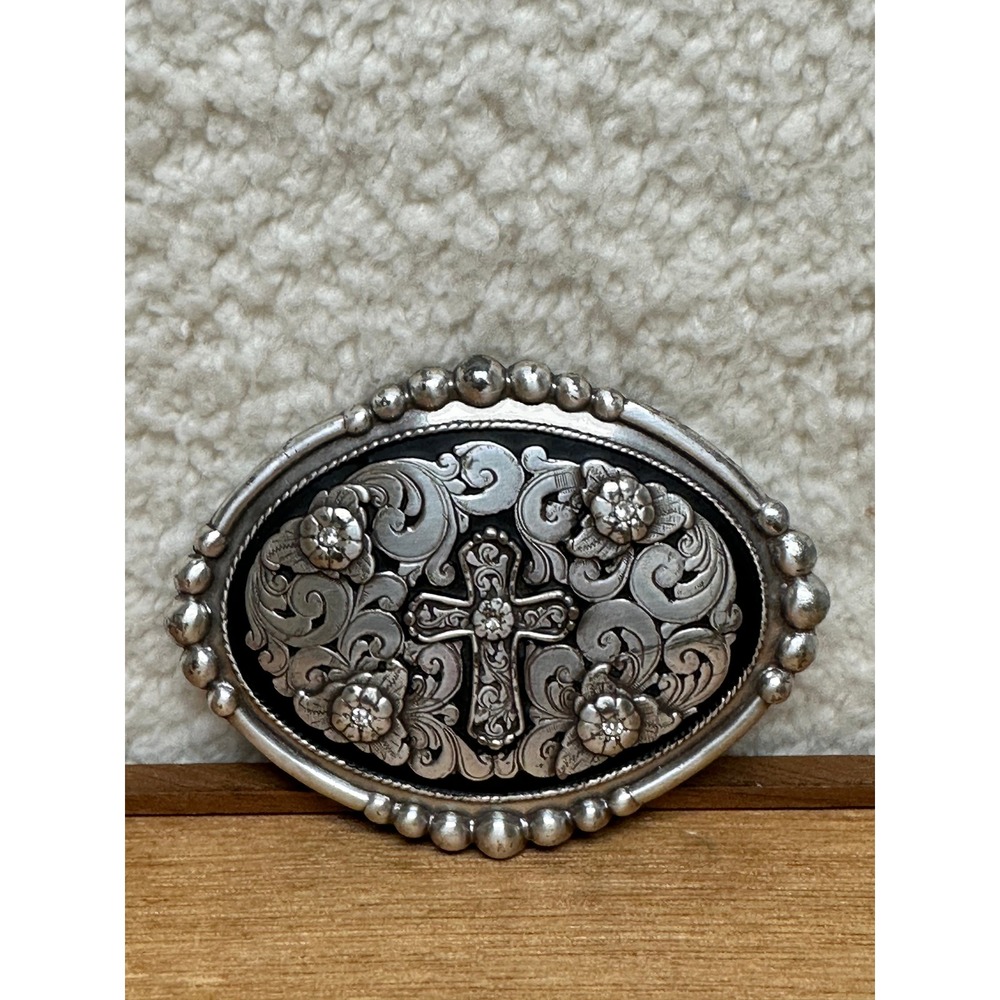 Nocona Belt Buckle Silver Tone Cross Floral Rhinestone Western Oval 3.75in